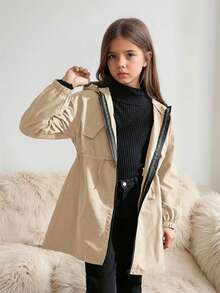 SHEIN 女童休闲字母装饰宽松文字织带连帽口袋中长款派克大衣，风衣，梭织双排扣翻领宽松长款防风外套，休闲军装风，适合通勤和户外活动，春夏秋冬皆宜，Y2K金属夹克，Y2K风格，女童款。返校季，母女亲子装。 - 駝色 - 查看 2