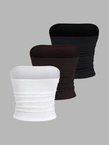 Sweetra Bộ 3 áo croptop quây ngực họa tiết jacquard thời trang, dáng ôm, đa năng cho tiệc tùng, công sở, màu trắng/nâu/đen. - Nhiều màu - Xem 2