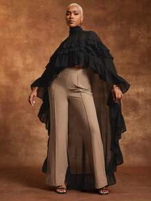 Vixey Black Sheer Chiffon Layered Ruffle Mock Neck Hi Low Hem Top - Black - View 3