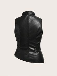 SHEIN Essnce Áo nữ cỡ lớn kiểu dáng thường ngày, Áo PU màu đỏ tía, Áo nữ thanh lịch, Trang phục nữ mùa thu, Thời trang nữ mùa thu - màu đen - Xem 2