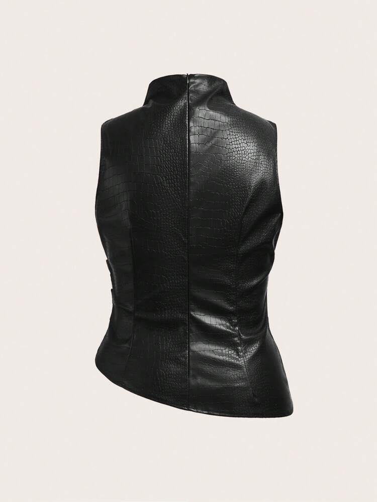 SHEIN Essnce 大码女式休闲上衣，酒红色PU皮上衣，优雅女式上衣，秋季女装，秋季女装 - 黑色 - 查看 2