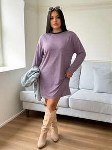 SHEIN LUNE 大码女士休闲条纹圆领长款T恤裙，秋季情人节女士连衣裙，商务休闲女士度假装，端庄连衣裙，机场装，波西米亚风连衣裙，度假装，夜店装，热带风情连衣裙，春夏生日装，狂欢节装 - 彩色 - 查看 3