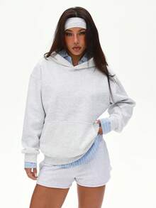 Gameset SHEIN Sport 1 buah Sweatshirt Lengan Panjang Berkerudung Kasual Campuran Linen, Cocok untuk Olahraga dan Pemakaian Sehari-hari - Light Grey - View 1