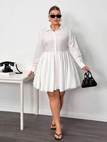 Truni 大码纯色前开襟休闲百搭长袖连衣裙/秋冬 - 白色 - 查看 7