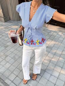 Chiquease Chic Blue And White Striped V Neck Top For Women With Ruffle Cap Sleeve And Floral Plant Pattern - Blue and White - View 7