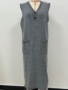 Chiquease Váy dệt kim mềm mại không tay cổ chữ V màu trơn tối giản dành cho nữ - Xám - Xem 4