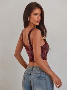 Aloruh Women's Burgundy Summer Elegant Draped Neck Metal Buckle Decor Jacquard Knit Cropped Tank Top,Seductive Party Night Tops - Burgundy - View 6