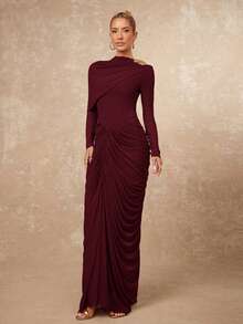 Lumalex 不对称金属装饰网纱柔软飘逸褶皱腰部修身长袖连衣裙（女款）