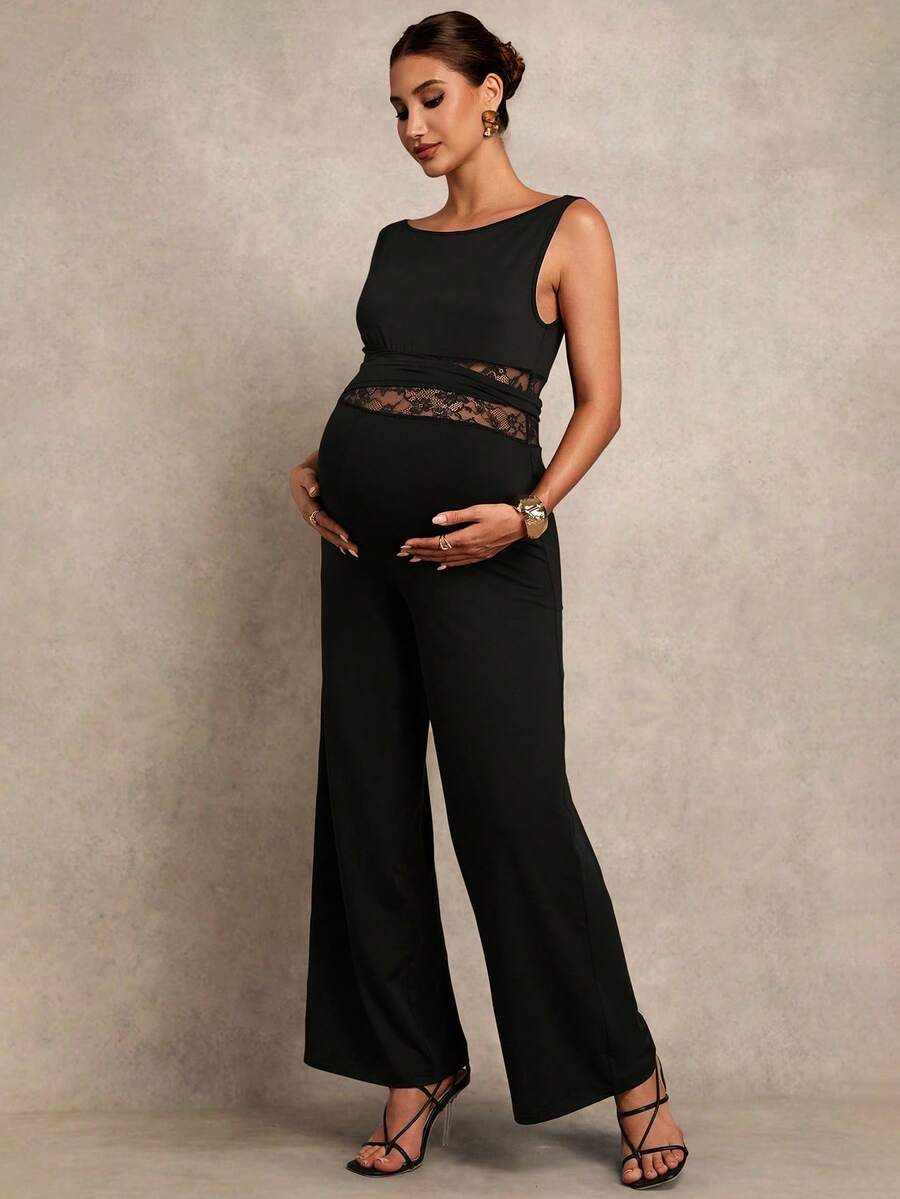 MaterniChic Maternity Clothes Pregnant Women's Solid Color Boat Neck Contrast Lace Wide Leg Elegant Sleeveless Jumpsuit Elegant  Black - Black - View 1