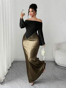 Elenzga Đầm dài tay trễ vai thanh lịch dành cho nữ, điểm nhấn là bèo nhún đính ngọc trai ở eo, thiết kế ôm sát eo cao, phối màu tương phản, thích hợp cho tiệc sinh nhật, các dịp trang trọng, hẹn hò, đám cưới. - Vàng - Xem 1