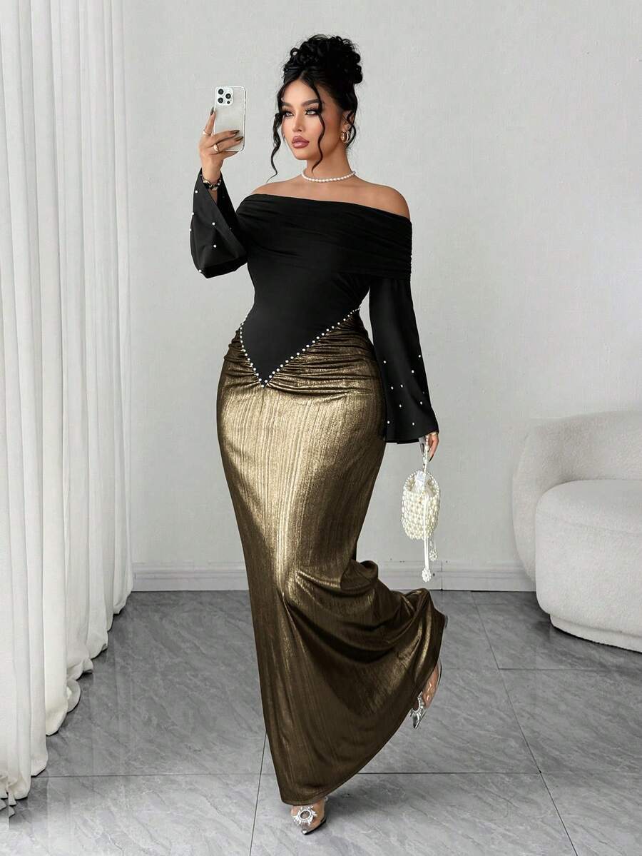 Elenzga Đầm dài tay trễ vai thanh lịch dành cho nữ, điểm nhấn là bèo nhún đính ngọc trai ở eo, thiết kế ôm sát eo cao, phối màu tương phản, thích hợp cho tiệc sinh nhật, các dịp trang trọng, hẹn hò, đám cưới. - Vàng - Xem 1