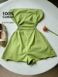 Comfortcana Rompers de lino para el verano con corte lateral, cintura plisada, sin tirantes y con espalda descubierta - Verde - Ver 1