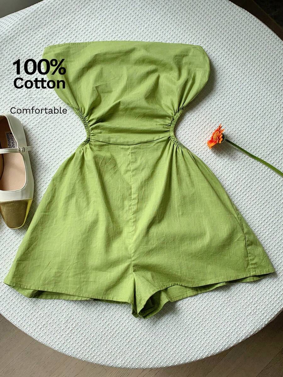 Comfortcana Rompers de lino para el verano con corte lateral, cintura plisada, sin tirantes y con espalda descubierta - Verde - Ver 1