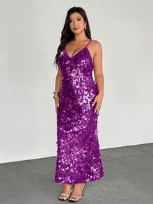 Firerie 大码亮片刺绣女士舞会礼服，吊带深V领长款连衣裙，优雅露背鱼尾晚礼服，超长正式舞会礼服，婚礼宾客礼服，优雅百搭，适合通勤、约会、派对、婚礼季、毕业典礼、舞会、演出、音乐会、工作场合、返校季、年会、女士生日礼服 - 紫色 - 查看 7