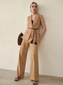 MOTF PREMIUM PEAK COLLAR LOOSE FIT WAISTCOAT, CASUAL COMMUTER WEAR - Khaki - View 4