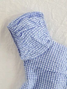 SHEIN Teen Girl Plaid Casual Versatile Vacation Puff Sleeve Shirt - Blue - View 4