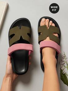 SHUZIA Zapatos anchos para mujer, cómodos, de punta abierta, con suela gruesa, de uso diario, tipo slip-on en ante color caqui y rosa, sandalias anchas, esenciales de viaje para el verano - Verde militar - Ver 1