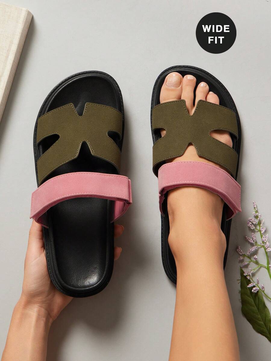 SHUZIA Zapatos anchos para mujer, cómodos, de punta abierta, con suela gruesa, de uso diario, tipo slip-on en ante color caqui y rosa, sandalias anchas, esenciales de viaje para el verano - Verde militar - Ver 1