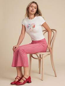 WESTFADE 刺绣镂空格纹修身喇叭七分弹力裤 - 紅白色 - 查看 1