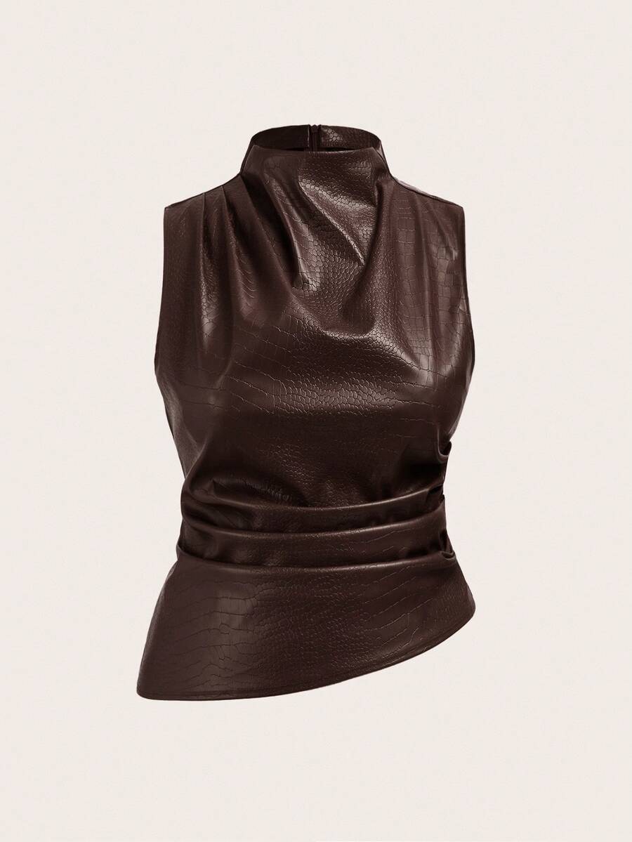 Auralis 大码女式休闲上衣，酒红色PU皮上衣，优雅女式上衣，秋季女装，秋季女装 - 咖啡棕 - 查看 1