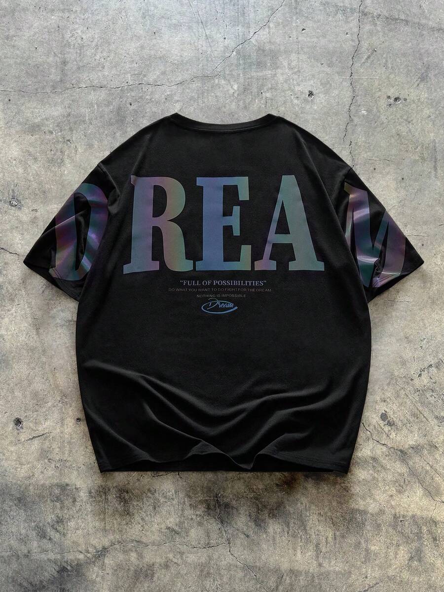 EASEVO Plus Size Men's Casual Crew Neck Letter Slogan Print Short Sleeve T-Shirt, Versatile For Commuting And Outings - Black - View 1