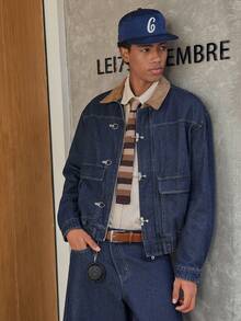 SWAVVY 男士休闲撞色领夹克，秋季复古牛仔街头风夹克，90年代街头服饰 - 藍色 - 查看 3