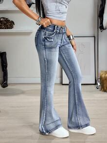 Jeanoix Quần jeans nữ ống loe cạp thấp ôm sát thời trang đa năng kiểu Y2K có túi - Rửa trung bình - Xem 4