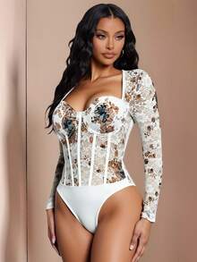 SHEIN Allurite Bộ đồ liền thân dài tay cổ tim ren hoa thời trang gợi cảm cho nữ - trắng - Xem 1