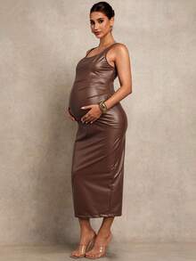 MaterniChic Maternity Solid Color PU Leather Square Neck Sleeveless Elegant Dress Summer Outfits  Elegant Dresses - Brown - View 3