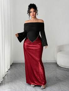 Elenzga 大码女士优雅露肩长袖连衣裙，珍珠腰部荷叶边设计，高腰修身剪裁，撞色点缀，适合生日派对、正式场合、约会、婚礼等场合。 - 酒紅色 - 查看 4