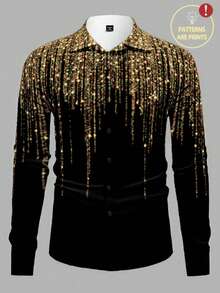 Manfinity BRENVOR 男士长袖休闲派对领印花黑色衬衫 - 黑色 - 查看 1