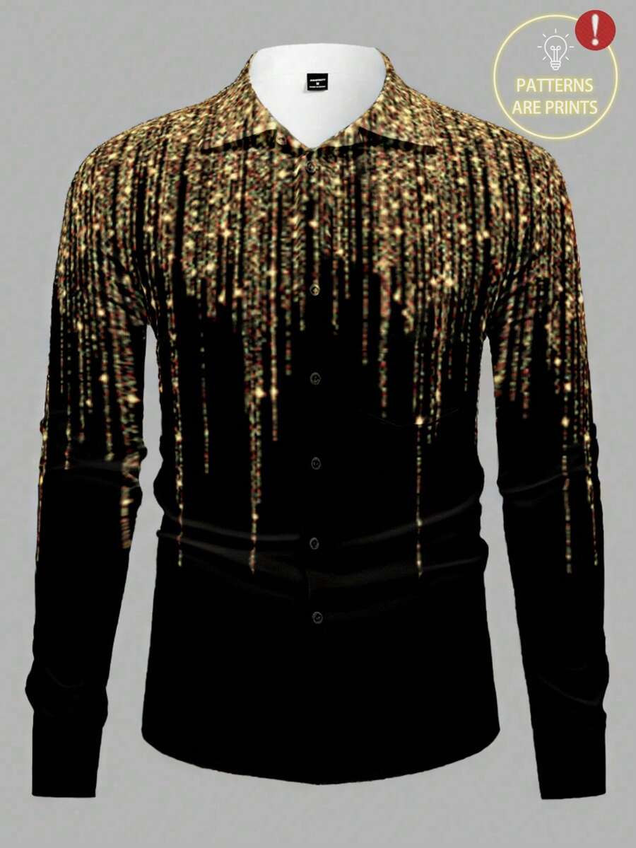 Manfinity BRENVOR 男士长袖休闲派对领印花黑色衬衫 - 黑色 - 查看 1