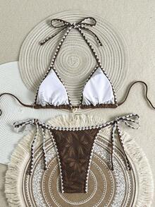 Swim Vcay Solid Color Triangle Wireless Bra Halter Neck Shell Decor Ruffle Trim Top And Side Tie Swim Bottoms Women Beach Vacation Swimwear Set, Spring/Summer Boho Bikini Set - Coffee Brown - View 2