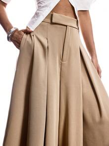 LYSMO 女士休闲卡其色褶皱阔腿西装裤 - 卡其色 - 查看 8