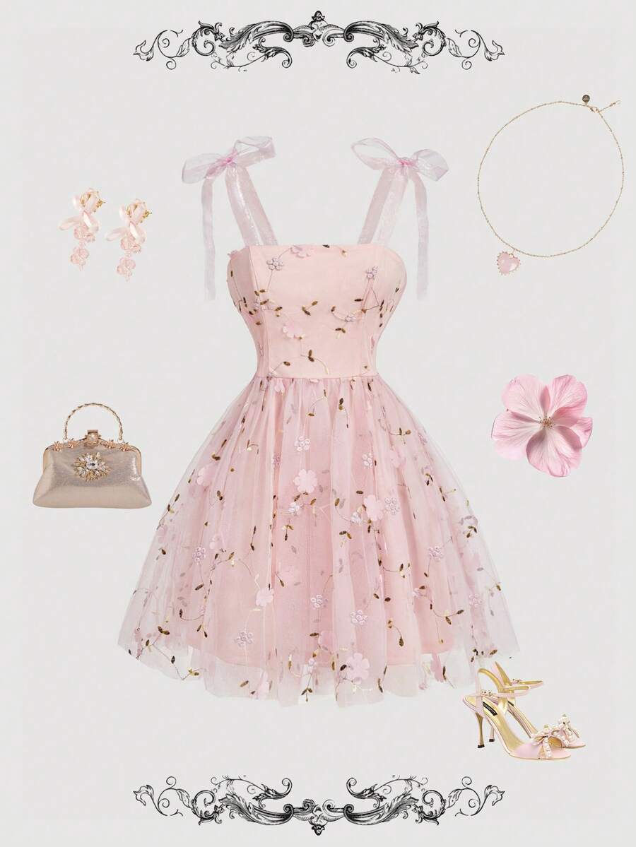 SHEIN MOD Đầm mini hai dây thêu hoa xuyên thấu dành cho nữ, kiểu Kawaii, phong cách Fairycore, trang phục đi chơi, cổ điển, retro, Valentine, đầm hoa cho nữ, đầm ngắn dự tiệc, trang phục đồng quê cho nữ, phong cách Fairycore. - Hồng - Xem 1