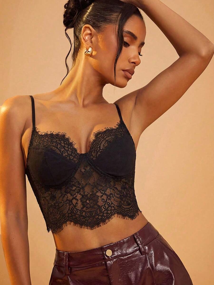 Hauture Top corset de encaje y cuero sintético - Negro - Ver 1