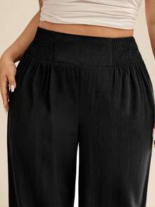 SHEIN Essnce Quần nữ cỡ lớn mùa hè và thu dáng rộng thoải mái, có túi, cạp chun, ống lửng, có túi, quần nữ, quần áo mùa thu, quần giáo viên, quần áo đi học, quần cho người có thân hình đầy đặn. - màu đen - Xem 5