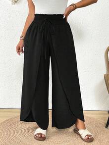 SHEIN Frenchy 大码女式纯色腰带开衩阔腿裤 - 黑色 - 查看 4