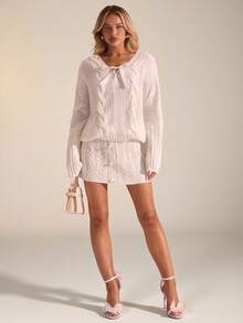 Glamine Elegant White V-Neck Knit Bow Tie Top & Pearl Button Skirt Sexy Romantic Date 2-Piece Set For Women Cream Outfit Women Cream Two Piece Set Sweater Set Knit Two Piece Set Sweater 2-Piece Set ,Party Dresses,Elegant Women's Sets,White Outfit For New Year's Eve,Holiday 2 Pieces Knit Set - White - View 5