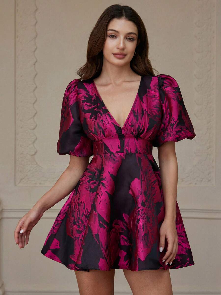 Aveloria Rosie Jacquard Weave Sexy Deep V Puff Sleeve A-Line Mini Dress - Multicolor - View 1