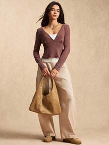 Easelle 女士棕色荷叶边下摆休闲长袖T恤 - 棕色 - 查看 8