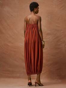 Zivah Women's Elegant Rust Brown Summer Dress,Strapless Ruched Waist Gathered Ruffle Maxi Dress,Boho Loose Solid Color Holiday Vacation Party Midi Dress - Brown - View 3