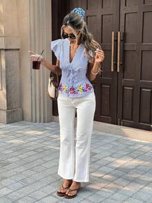Chiquease Chic Blue And White Striped V Neck Top For Women With Ruffle Cap Sleeve And Floral Plant Pattern - Blue and White - View 6
