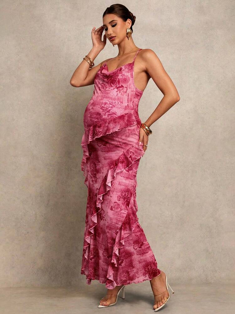 MaterniChic Maternity Floral Print Patchwork Ruffle Trim Fitted Elegant Camisole Dress - Hot Pink - View 1