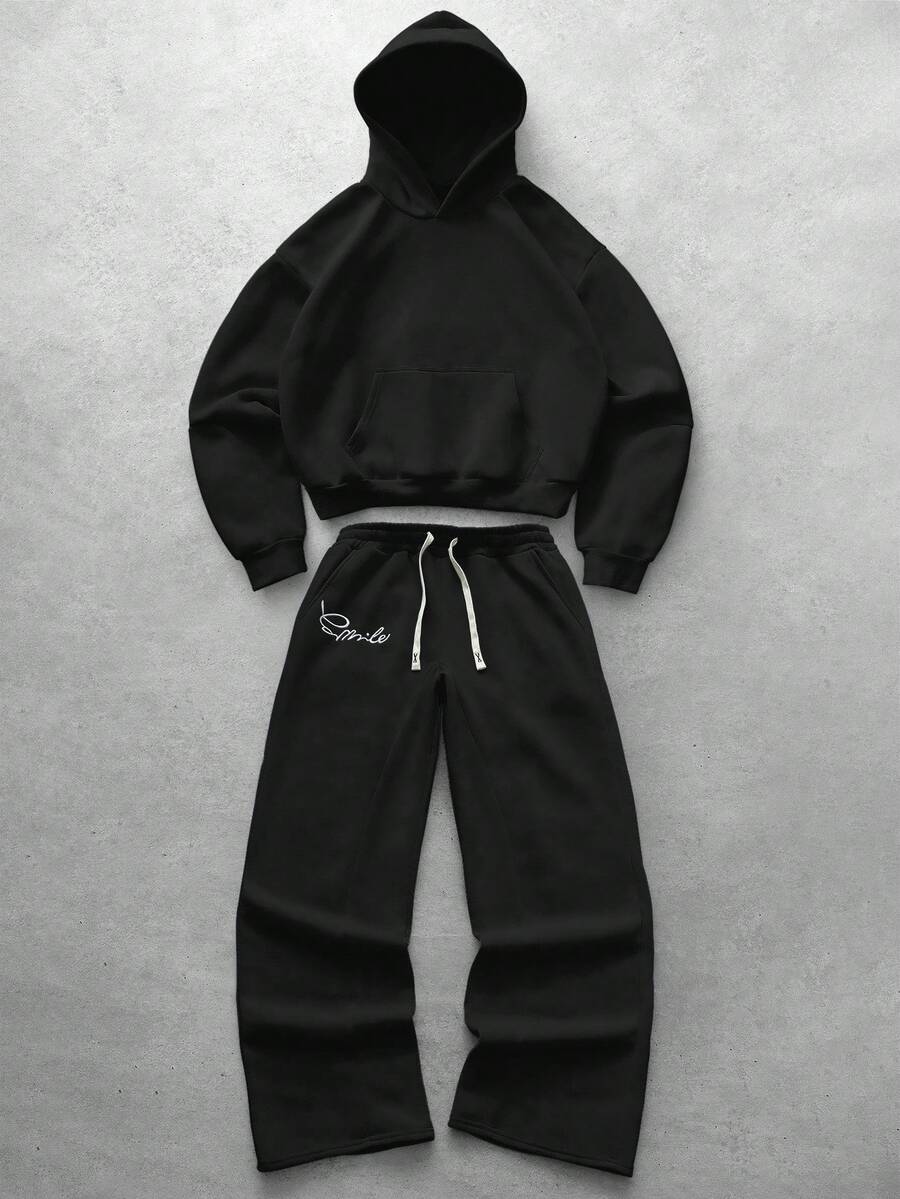 Manfinity Roghcode 男士弹力纯色街头风灰色运动套装,男士运动服,男士两件套运动服连帽衫和运动裤套装,黑色两件套男士设计师运动套装,男士慢跑套装,冬季保暖内衬 - 黑色 - 查看 1