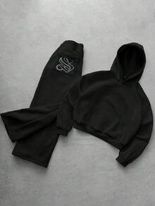Manfinity Roghcode 男士弹力纯色街头风灰色运动套装，男士运动服，男士两件套运动服连帽衫和运动裤套装，黑色两件套男士设计师运动套装，男士慢跑套装，冬季保暖内衬 - 黑色 - 查看 5