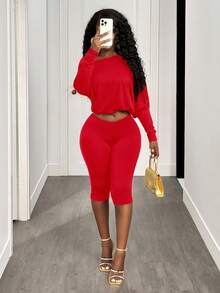 BamGleam 性感不对称肩部收腰长袖露脐上衣和裤子套装 - 紅色 - 查看 6