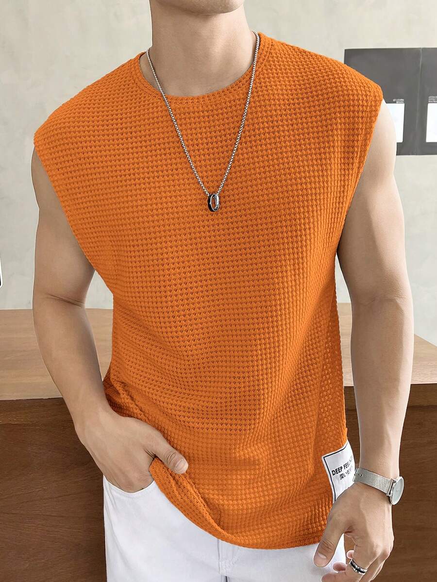 SWAVVY 男士纯色圆领休闲百搭通勤针织背心橙色上衣男士上衣男士无袖网眼上衣男士夏季上衣针织上衣 - 橘色 - 查看 1