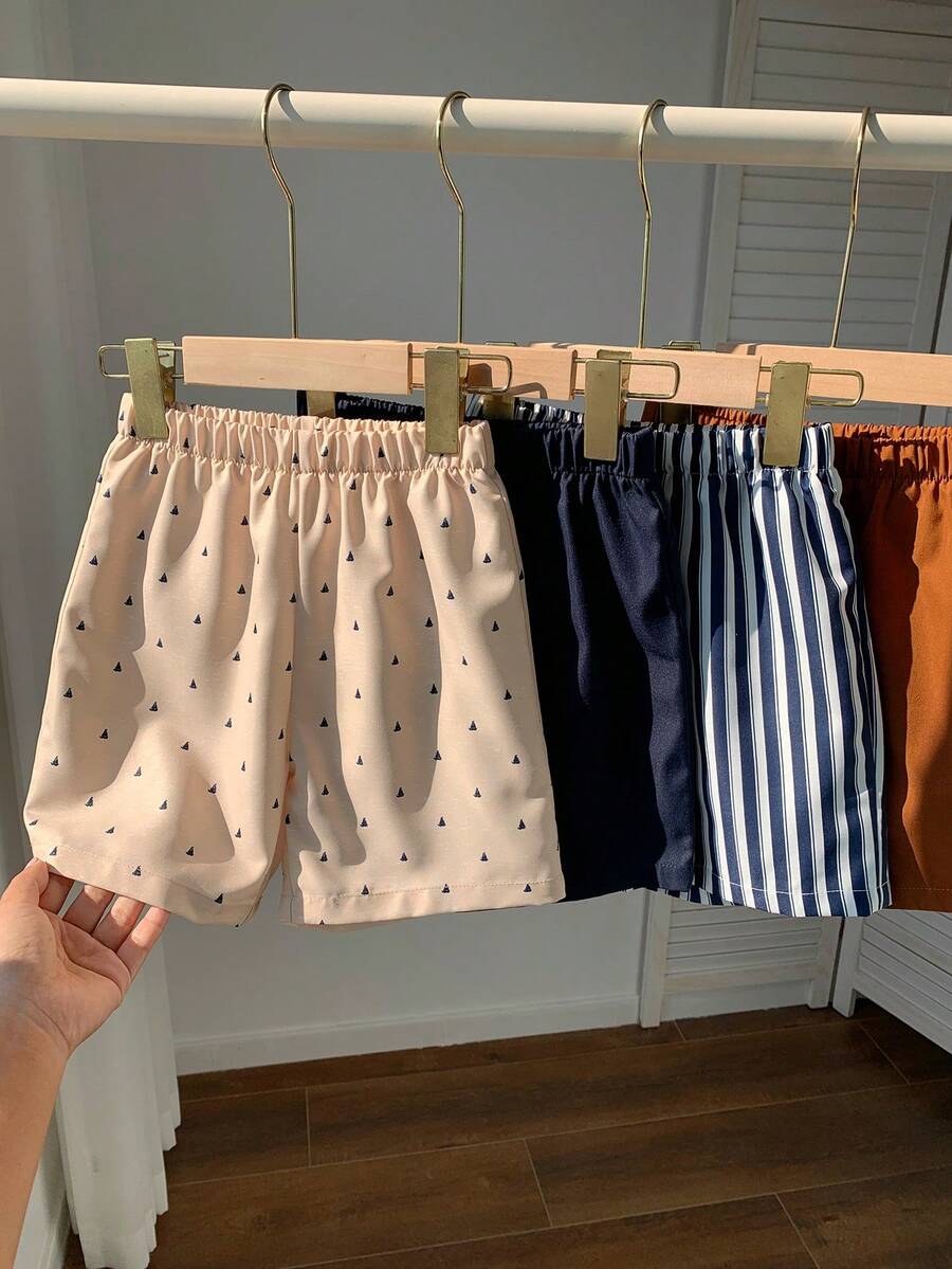 SHEIN 4件套男童彩色条纹帆船图案及纯色弹力腰休闲短裤 - 彩色 - 查看 1