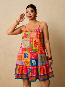 Travachic Plus Size Sleeveless Colorful Vintage Ruffle Hem Summer Dress